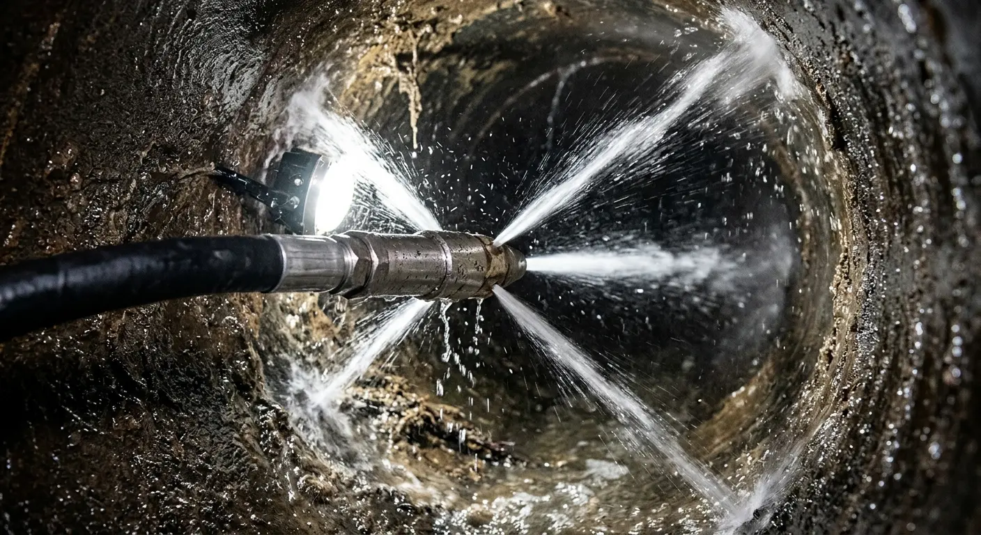 High-pressure hydro jetting nozzle cleaning sewer pipe for Storm Drain Cleaning in Bethany